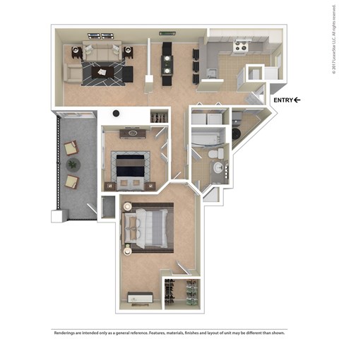 A floor plan of a two-bedroom apartment with a living room, kitchen, and bathroom.